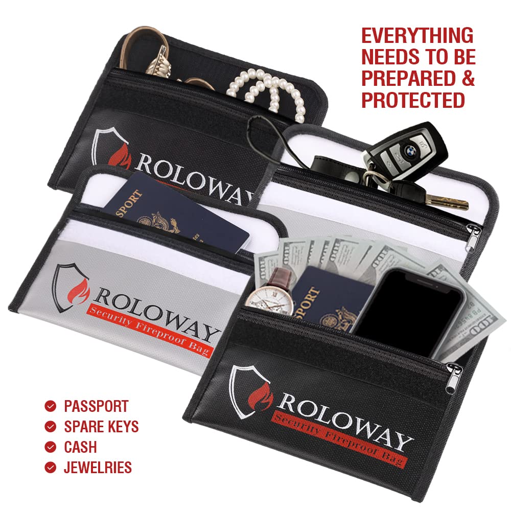 ROLOWAY Small Fireproof Bag (5 x 8 inches), Non-itchy Fireproof Money Bag for Cash, Valuables, Passport, Currency & Keys (2-Pack)