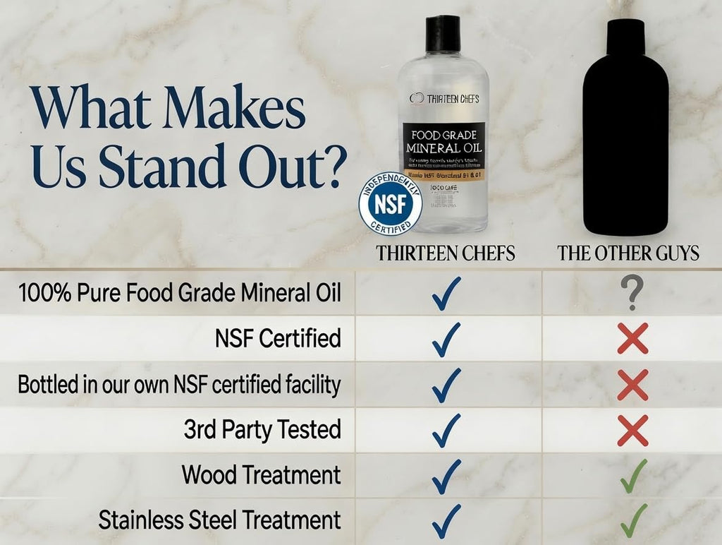 Thirteen Chefs Mineral Oil - 12oz Food Grade Conditioner for Wood Cutting Board, Countertop & Butcher Block, Lubricant for Knife or Meat Grinder - Safe USP Finish on Marble, Soapstone
