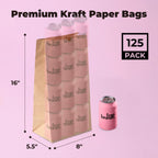 Fit Meal Prep 125 Pack 20 lb Large Brown Paper Bags, 16 x 8 x 5.5” Durable Kraft Paper Bags Bulk for Packing, Delivery, Take Out, Grocery, Retail Shopping, Premium Big Size Sacks for Shopping