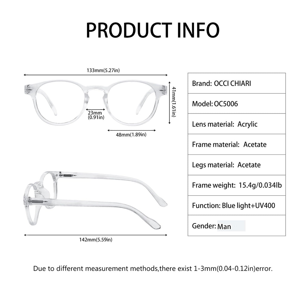 OCCI CHIARI Stylish Round Reading glasses Men 1.5x Lightweight Clear Readers for Narrow face(1.0 1.25 1.5 1.75 2.0 2.25 2.5 2.75 3.0 3.5 4.0 5.0 6.0)