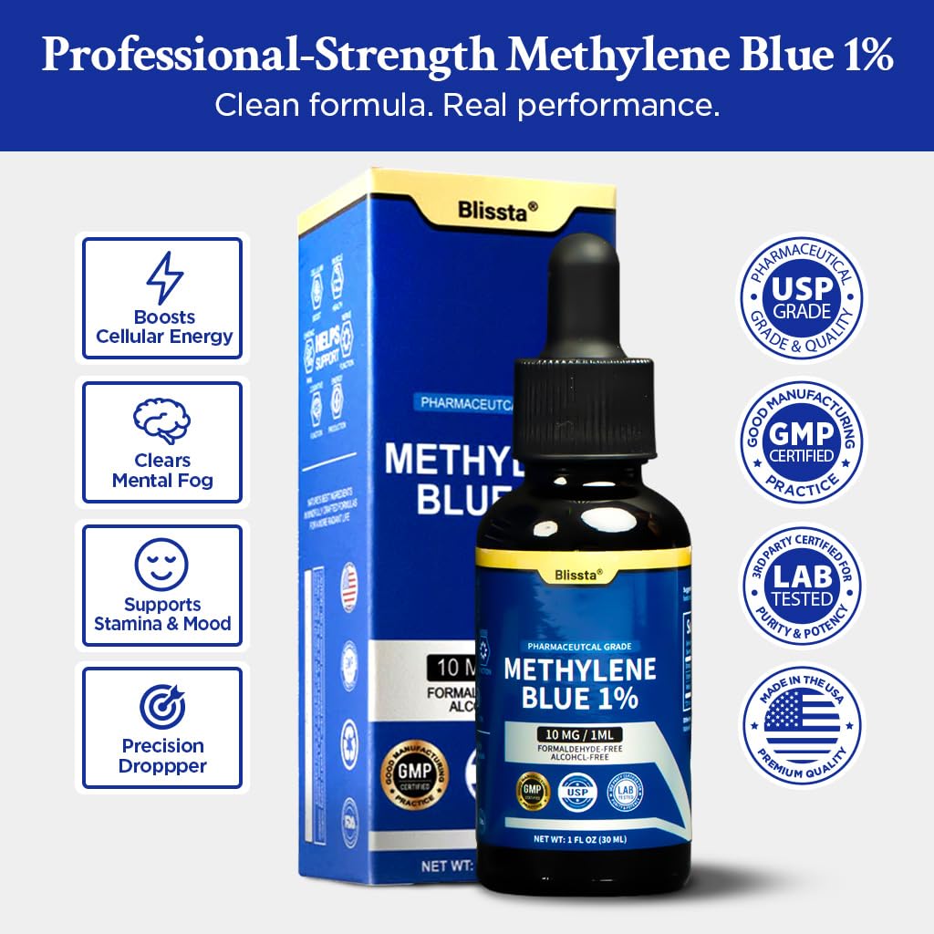 Blissta USP Pharmaceutical Grade Methylene Blue 1% Solution – Third-Party Lab Tested, Formaldehyde-Free, Heavy Metal Free –Nootropic - Cognitive Support, Brain Health, Energy & Focus Drops – 30ml