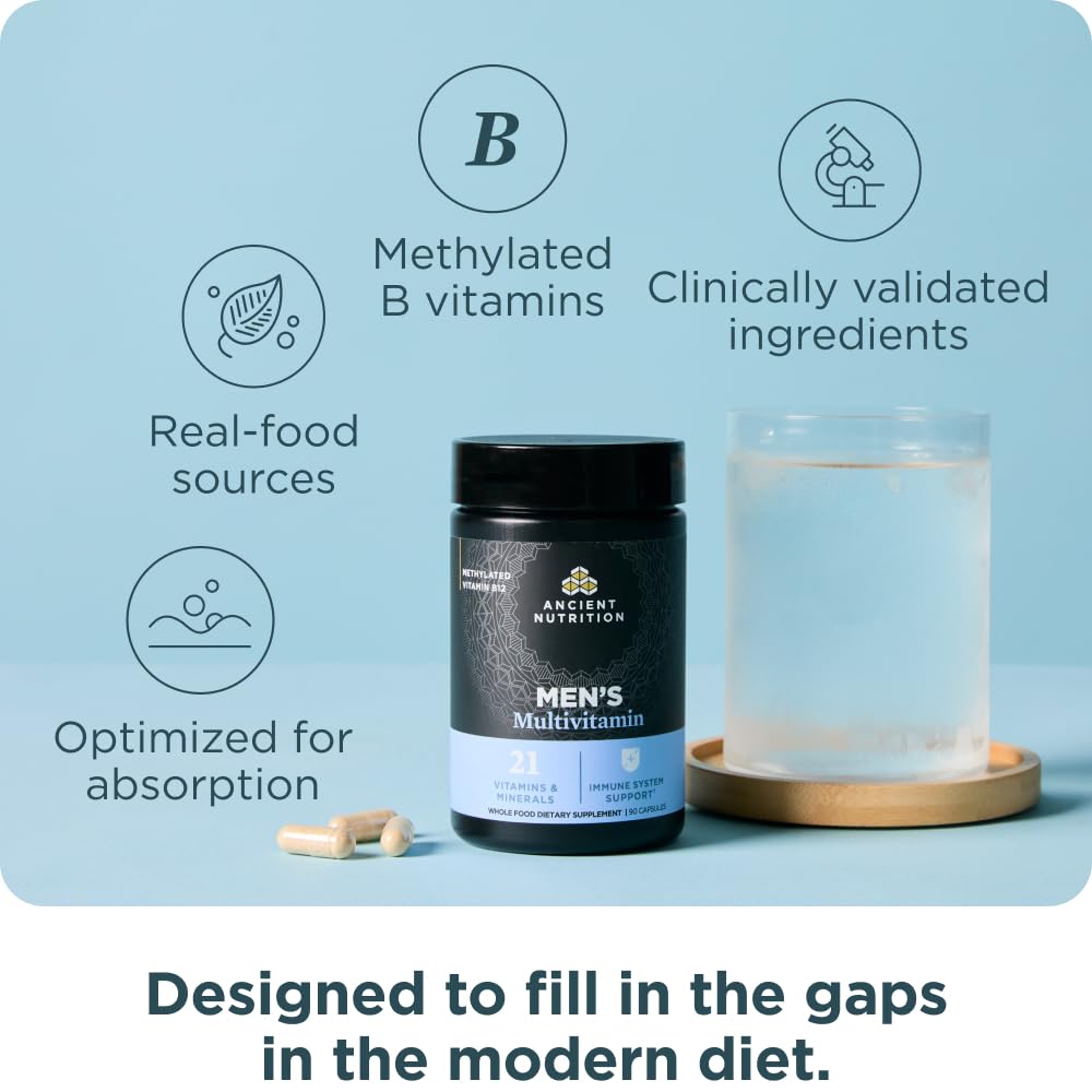 Ancient Nutrition Multivitamin for Men, Multi Men's, Methylated Vitamin D, C, E, B12, Zinc, Magnesium, Supports Healthy Immune System and Bone Health, 90 Ct