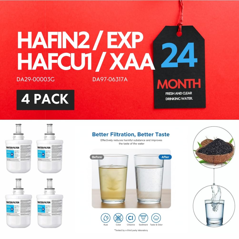 Microfilter HAFCU1/XAA - HAFIN2/EXP Water Filter Replacement – Compatible with DA29-00003B DA29-00003F DA29-00003G – Carbon Block Filtration – Fresh Water & Ice – 24 Month Life 4 PACK