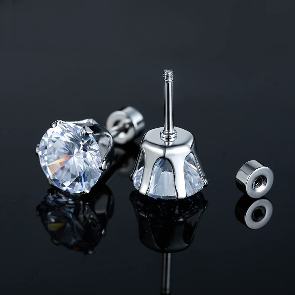 6 Pairs Screw Back Titanium Surgical Stainless Steel Round Square Princess Cut CZ Earrings For Women Men Hypoallergenic Cubic Zirconia Earrings (White Gold Plated)