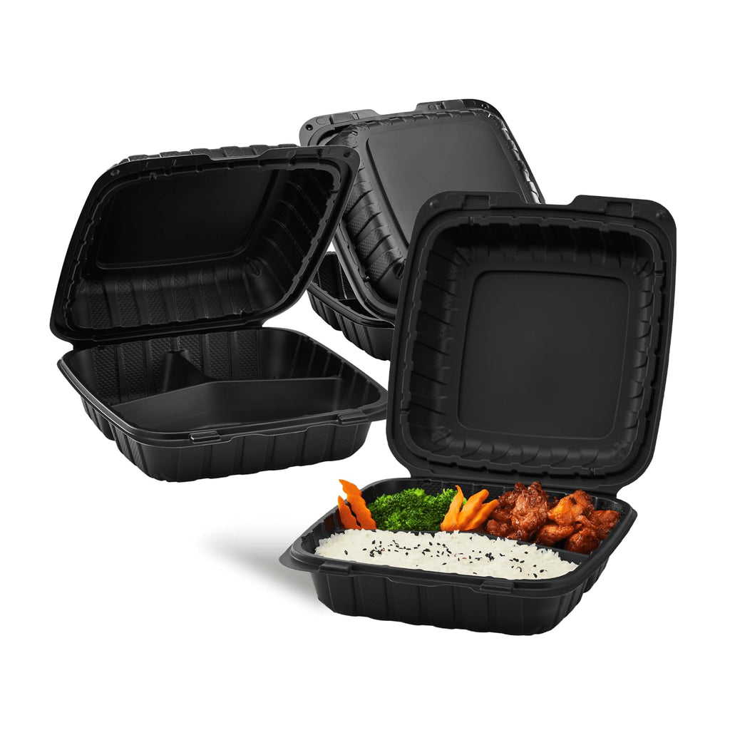 KARAT EARTH Clamshell Take Out Food Containers [8"x8" - 200 ct] To Go Containers | 3 Compartment, Soak-Resistant, Durable, Stackable | Vented for Hot/Cold Foods, Black
