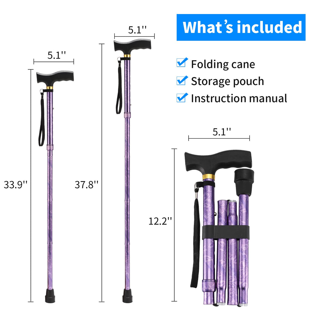 LIXIANG Folding Walking Cane, 5-Level Height Adjustable Walking Stick for Men & Women with Comfortable Plastic T-Handle Portable Walking Stick (Purple Flower)