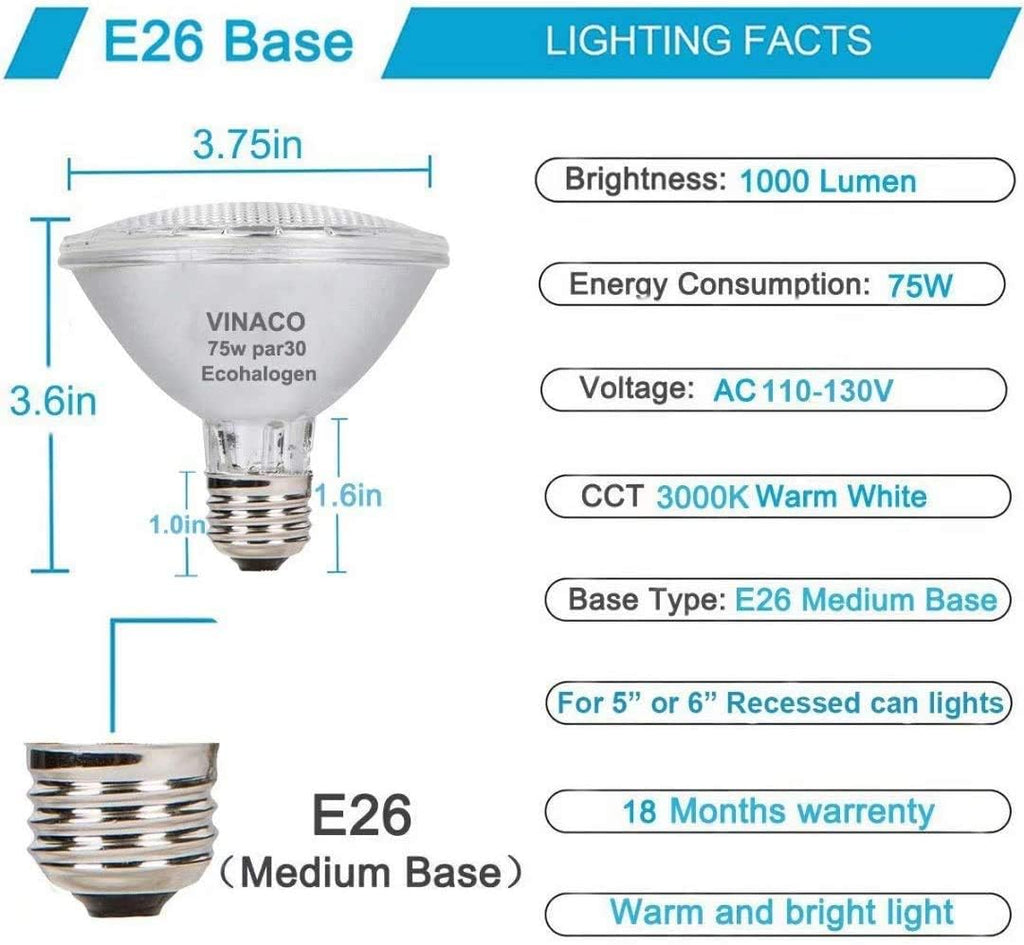 Vinaco Par30 Short Neck, 6pcs PAR30 75W 120V Light Bulbs, Dimmable. Premium Quality for Long Lasting Life, E26 Base, 3000K Warm White, par30 Flood Light Great for Accent Lighting, Tracking Lighting