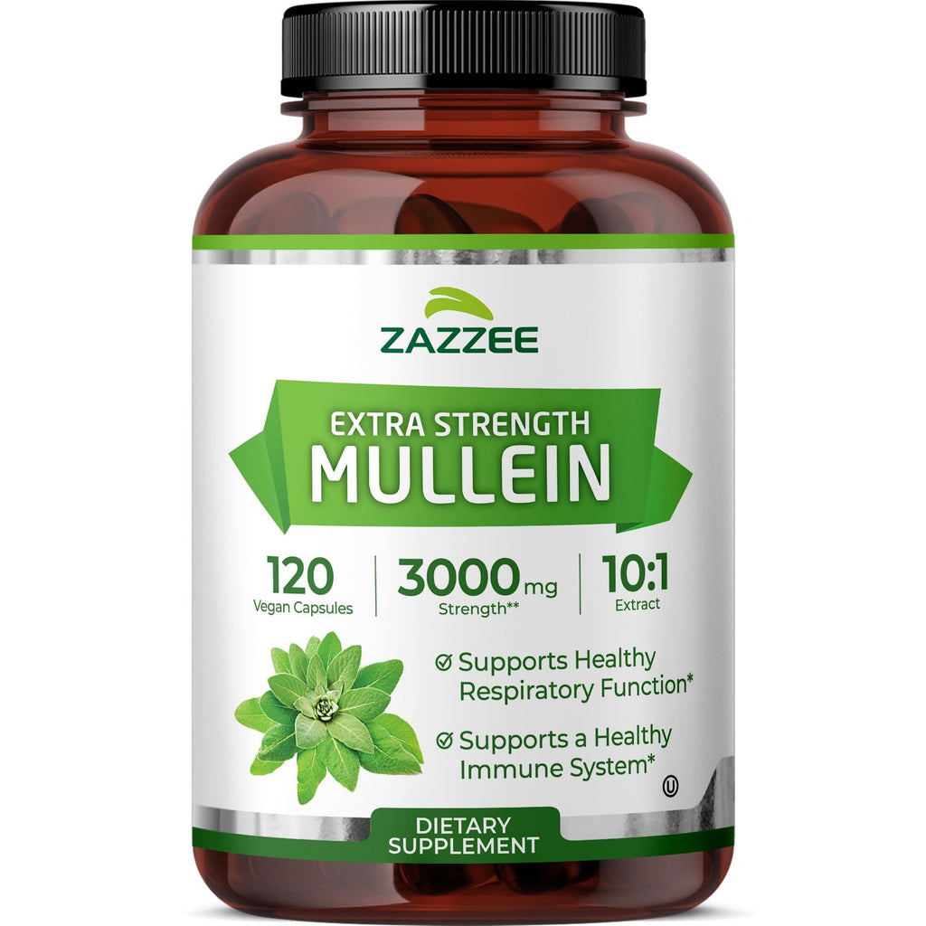 Zazzee Extra Strength Mullein 10:1 Extract, 3000 mg Strength, 120 Vegan Capsules, 4 Month Supply, Certified Kosher, Lung and Respiratory Support, 100% Pure Leaf Powder, Non-GMO, Made in The USA