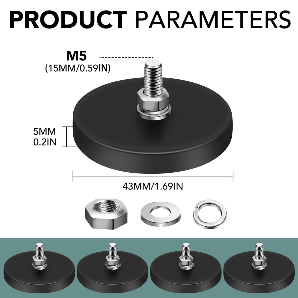 24Pack Rubber Coated Magnets, 30LBS Rubber Coated Neodymium Magnets with M5 Magnetic Assembly Base for Light Bar Mirror Camera Tool(1.69 Inch) ", since the Item received has an M5 thread.