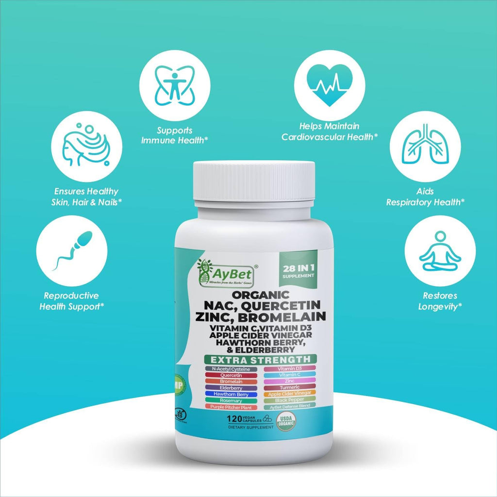 NAC-n-acetyl cysteine- Quercetin Zinc Bromelain Supplement | Extra Strength with Vit C, D3, Apple Cider Vinegar, Elderberry, Hawthorn Berry, Turmeric | Immune Support|120 Vegan Capsules | USDA Organic
