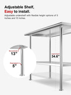 Atelicf All-Stainless Steel Prep Table, 30 X 36 Inch, with Rounded-Corner Backsplash and Adjustable Undershelf, Heavy-Duty for BBQ,Restaurants,Hotels,Workshops,Kitchens,Gardens, and Garages