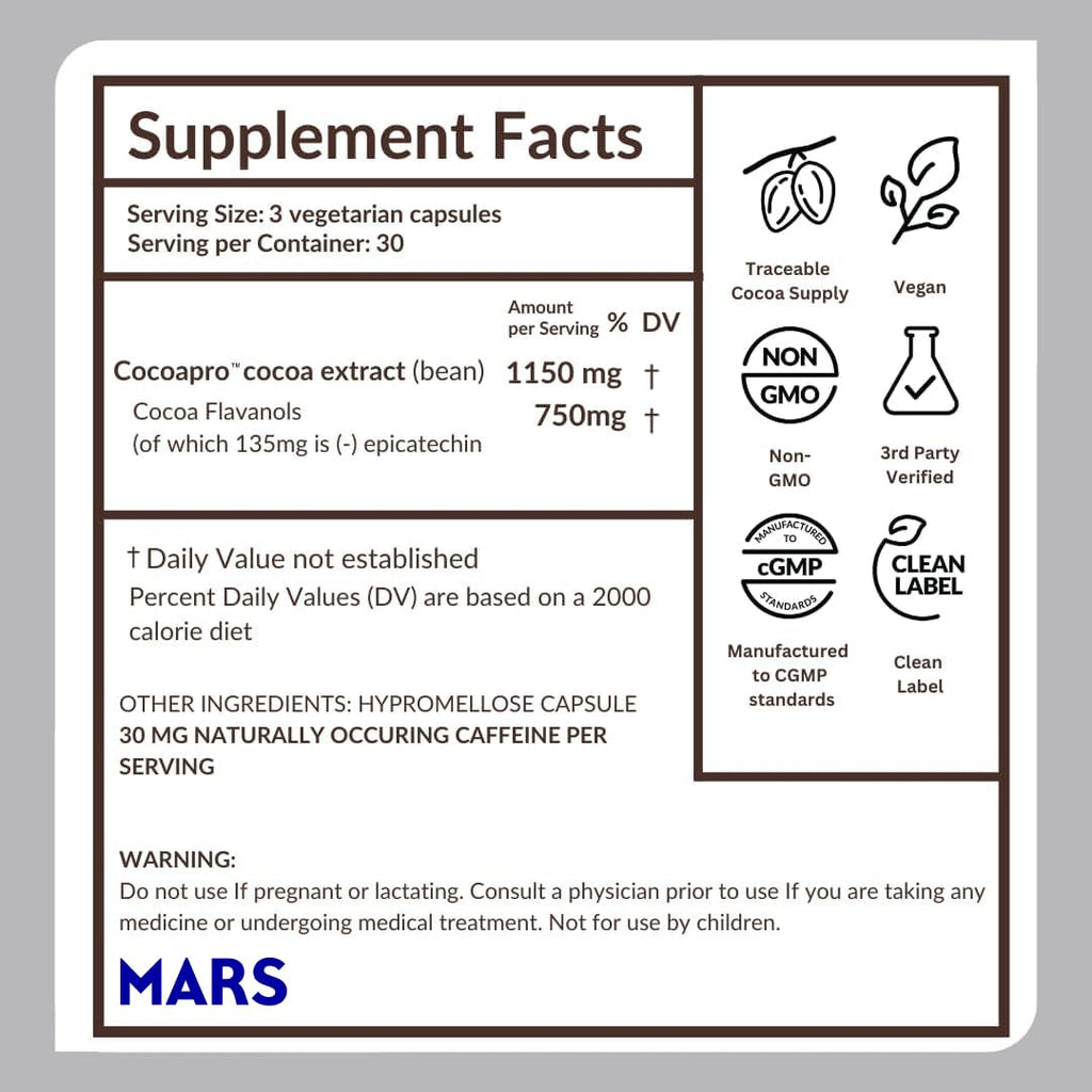 CocoaVia Ultra 750mg Cocoa Flavanols – Heart & Brain Support, Memory & Blood Circulation Booster, High Flavanol Cocoa for Nitric Oxide, Energy & Oxygen Boost, Vegan, Gluten-Free, 30-Day Supply