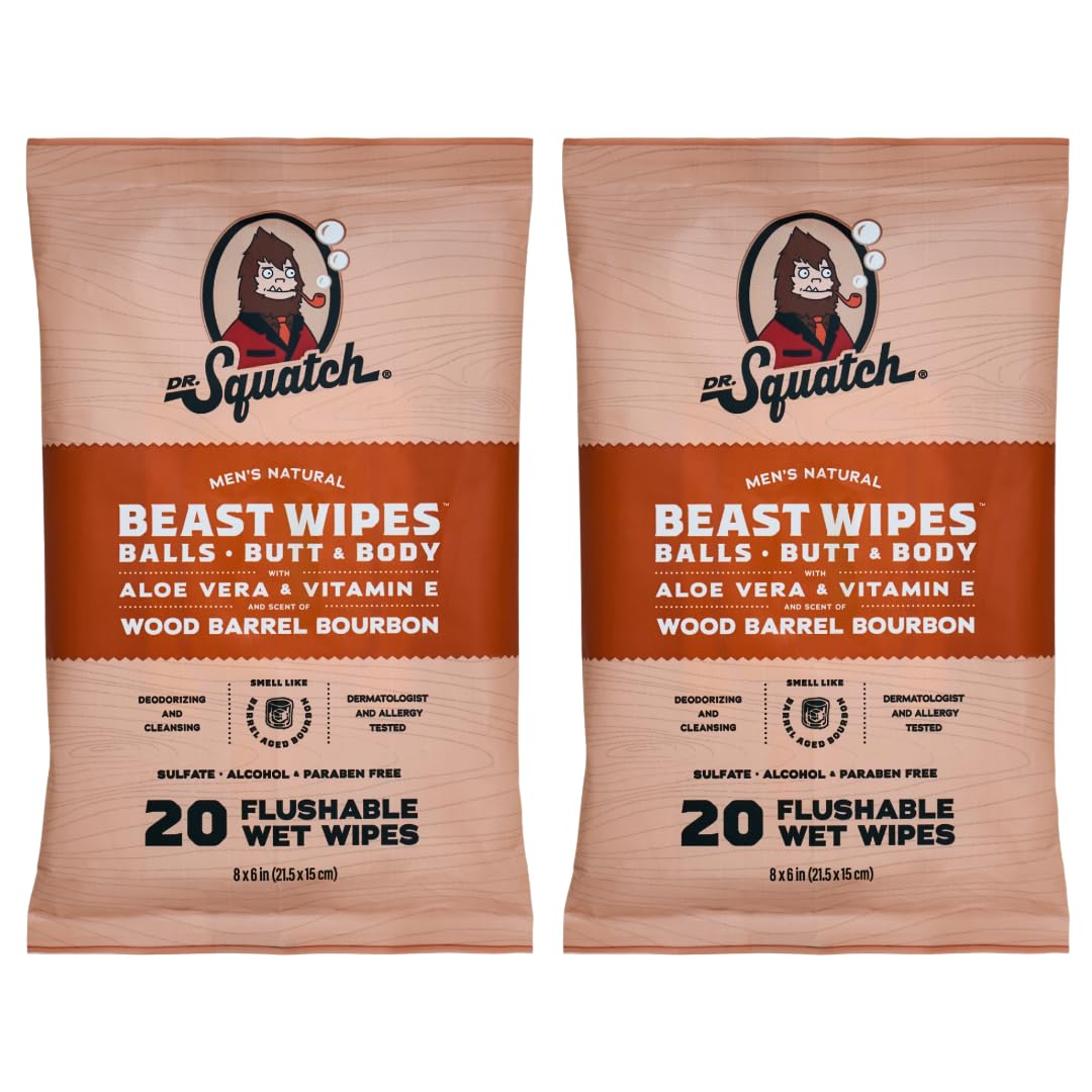 Dr. Squatch Beast Wipes - Flushable Adult Wipes for Men - Soothing and Refreshing - 2 Pack Wood Barrel Bourbon