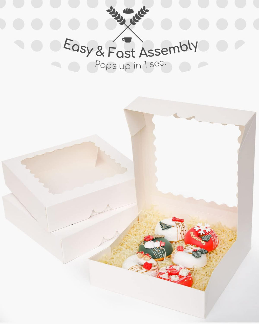 qiqee Auto-pop Up 90pcs White Pastry Box With Window Donut Pie Boxes 8"x8"x2.5" Bakery Box