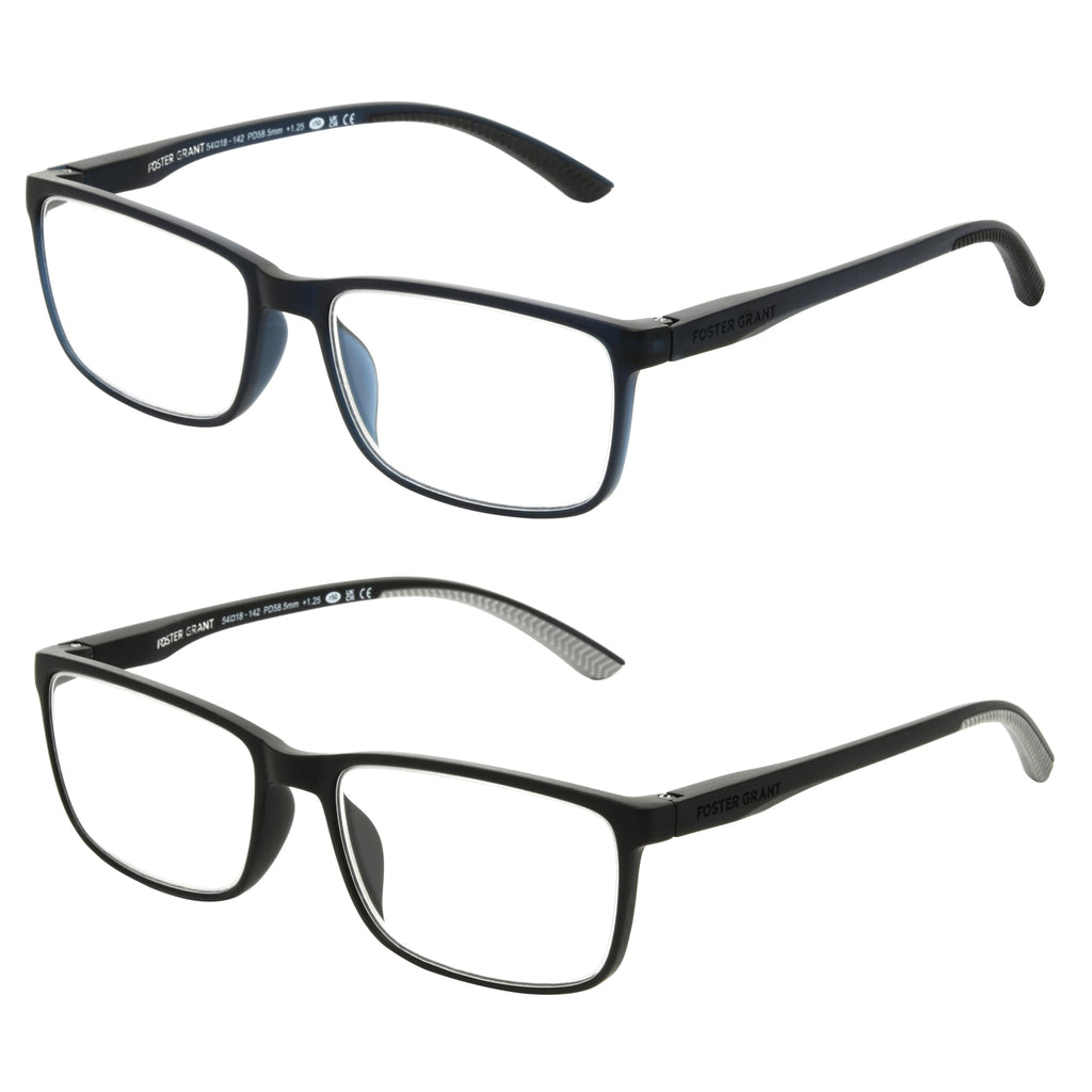 Foster Grant Men's Tatum 2-Pack Rectangle Reading Glasses, Navy, Black, 39 mm, 2 Diopters