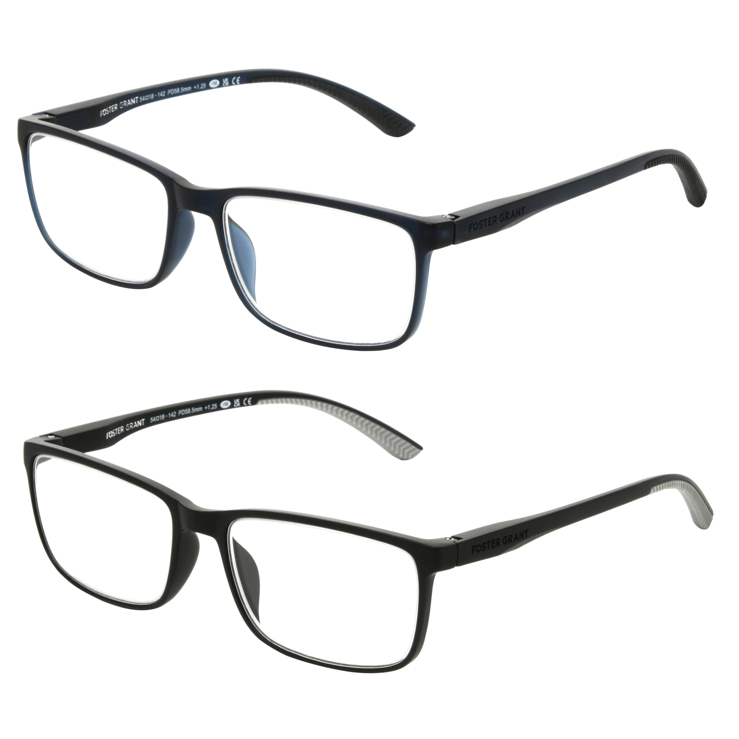 Foster Grant Men's Tatum 2-Pack Rectangle Reading Glasses, Navy, Black, 39 mm, 2 Diopters