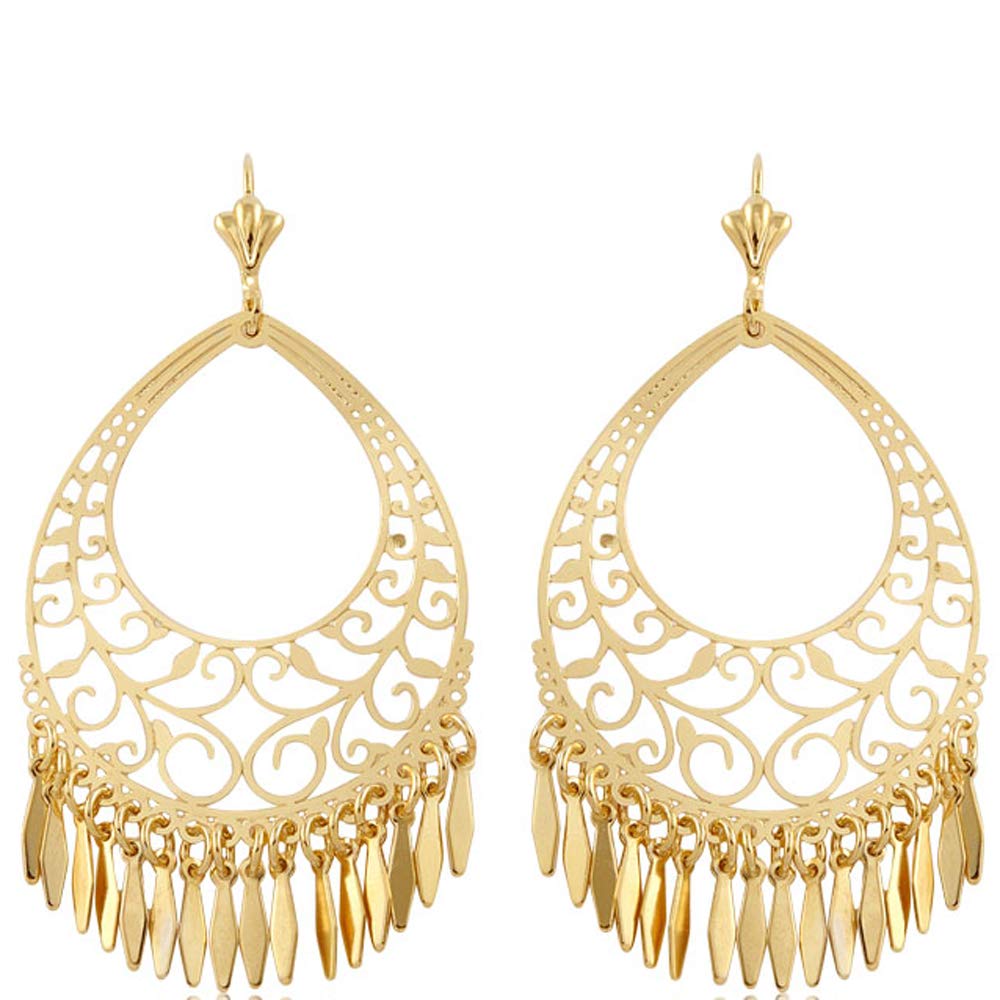 Barzel 18K Gold Plated Filigree Cut-out Dangling Chandelier Earrings - Made in Brazil