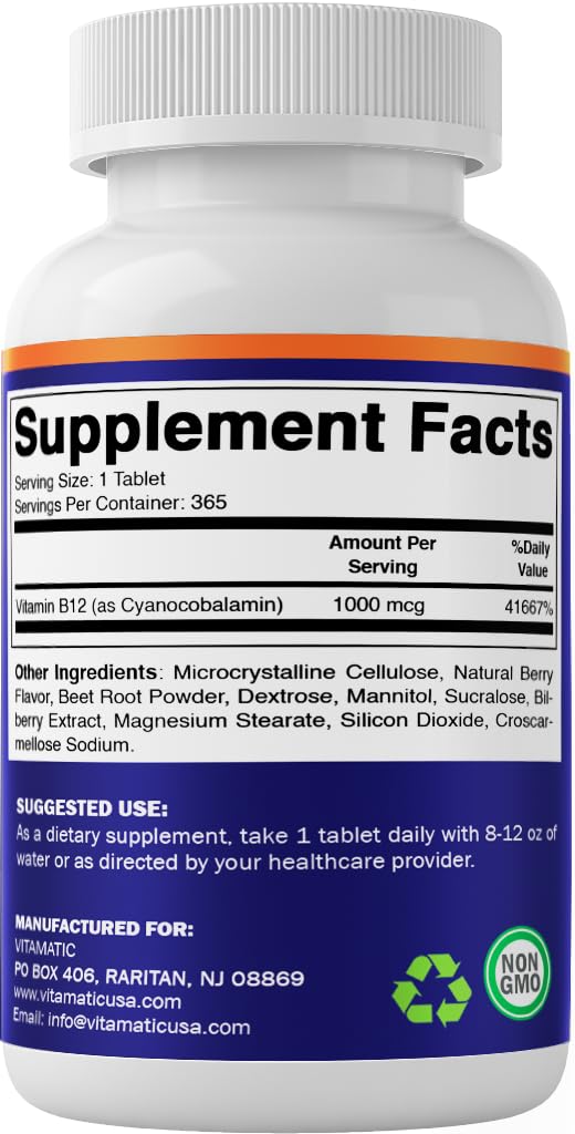 Vitamatic Vitamin B12 1000 mcg Fast Dissolve Tablets – Natural Berry Flavor – 365 Tablets per Bottle - 2 Bottles – Supports Energy Metabolism & Nervous System Health