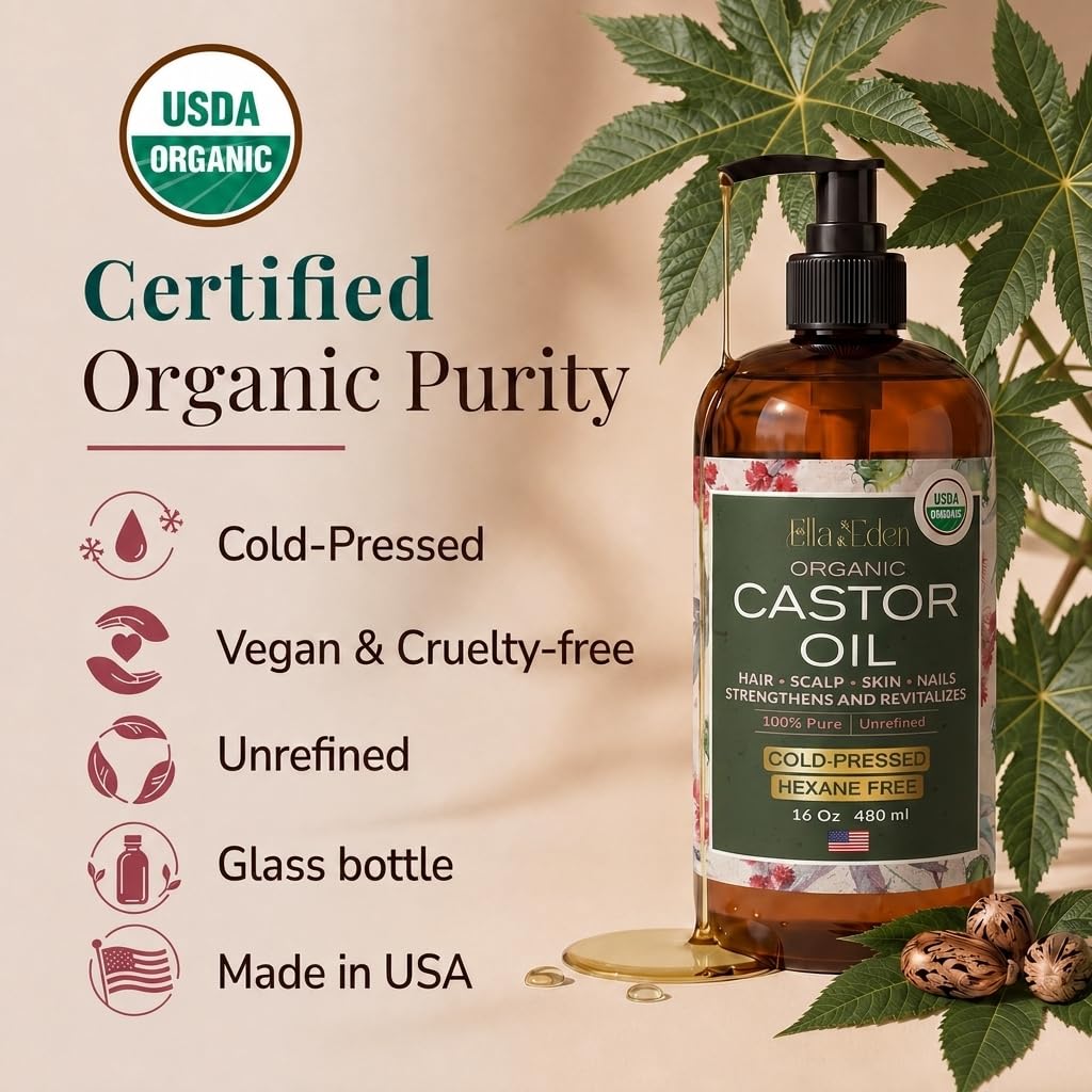 USDA Organic Castor Oil, 100% Pure Cold-Pressed Hexane-Free, 16 Oz
