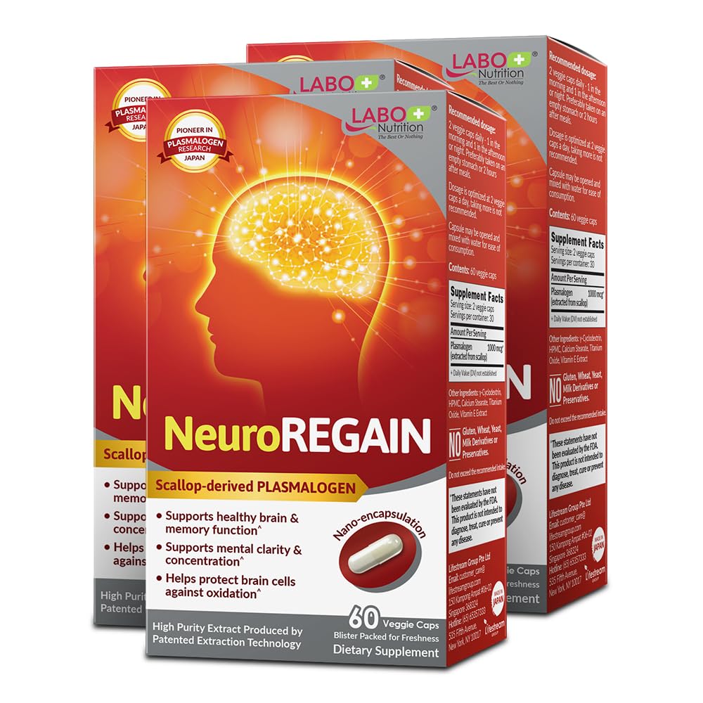 LABO Nutrition NeuroREGAIN - Scallop-derived PLASMALOGEN for Brain Deterioration, Memory, Alertness, Learning, Concentration and Other Cognitive Functions – Suitable for Seniors, Adult Men & Women x3