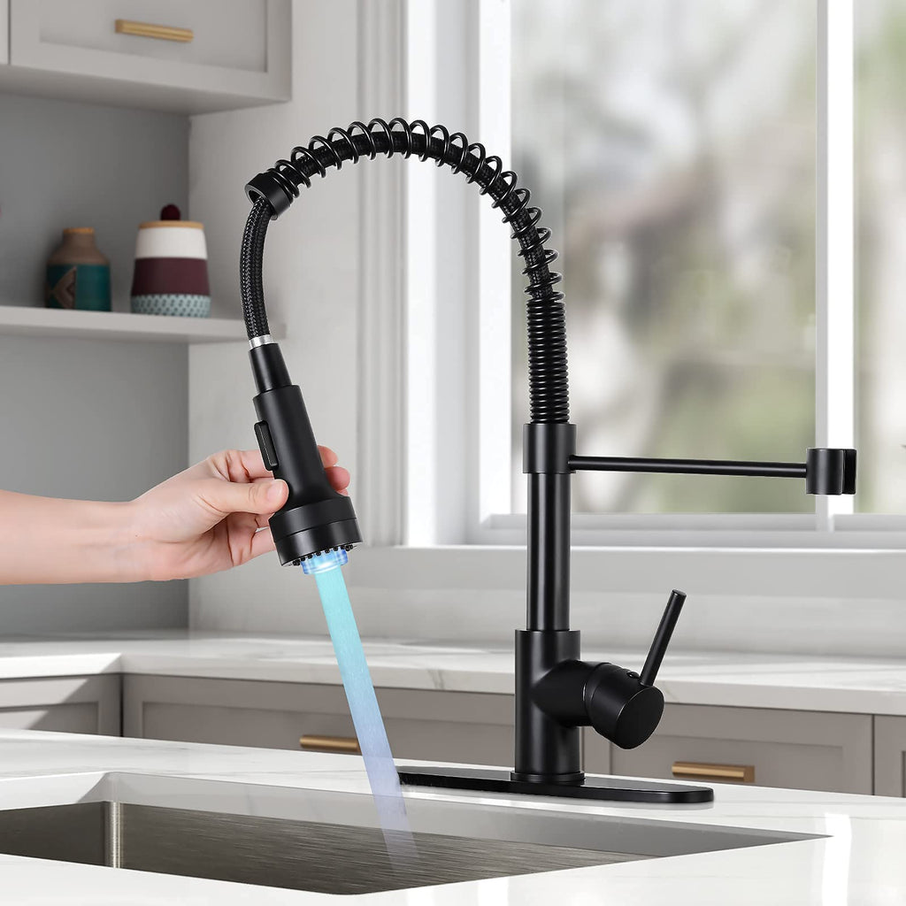DJS Kitchen Faucets with Pull Down Sprayer LED Light Single Handle 1 or 3 Holes Spring Kitchen Sink Faucet with Deck Plate for Farmhouse RV Vessel Basin