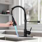 DJS Kitchen Faucets with Pull Down Sprayer LED Light Single Handle 1 or 3 Holes Spring Kitchen Sink Faucet with Deck Plate for Farmhouse RV Vessel Basin