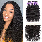 Brazilian Hair Deep Wave 3 Bundles with Frontal 13x4 Free Part Lace Frontal 100% Virgin Human Hair Bundles Brazilian Hair Extensions Natural Black Color (16 18 20+14)