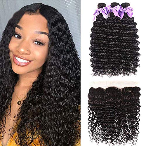 Brazilian Hair Deep Wave 3 Bundles with Frontal 13x4 Free Part Lace Frontal 100% Virgin Human Hair Bundles Brazilian Hair Extensions Natural Black Color (16 18 20+14)