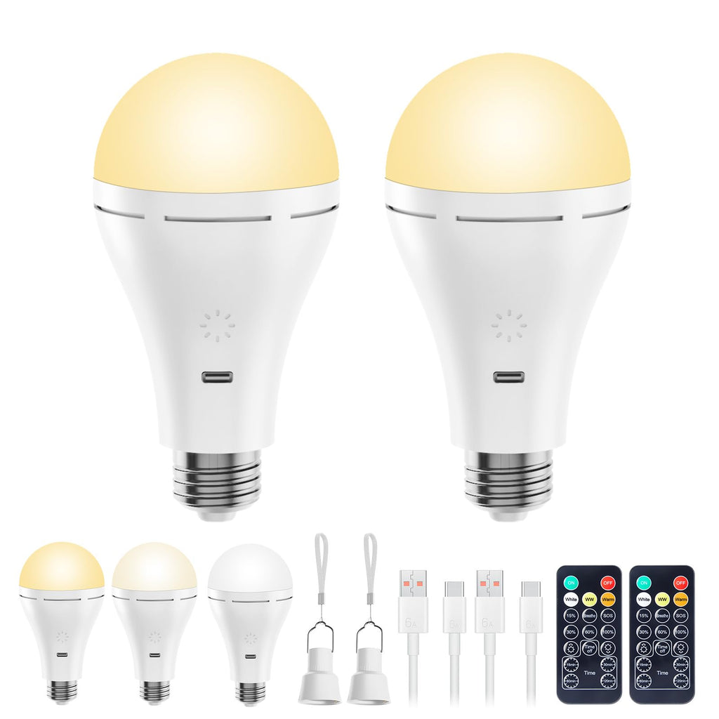 Brightown E26 Rechargeable Light Bulb with Remote and Timer, Battery Backup Bulb for Sconces and Lamps, Hanging LED Light Bulb with Hook for Camping Tent, Dimmable, 3 Color Temperatures, 2 Pack