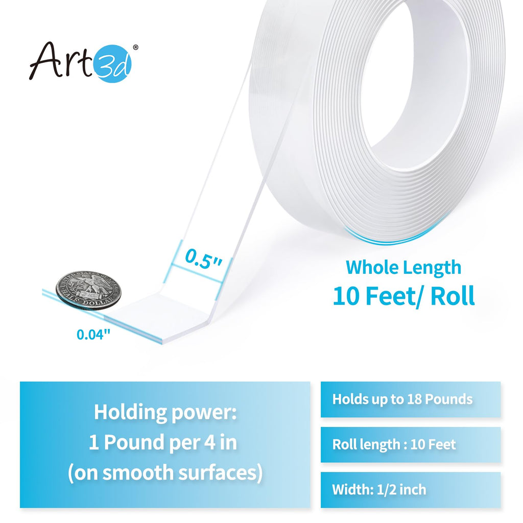 Art3d Traceless Double-Sided Foam Tape, 1/24" x 1/2" x 10', 1 Roll, Crystal