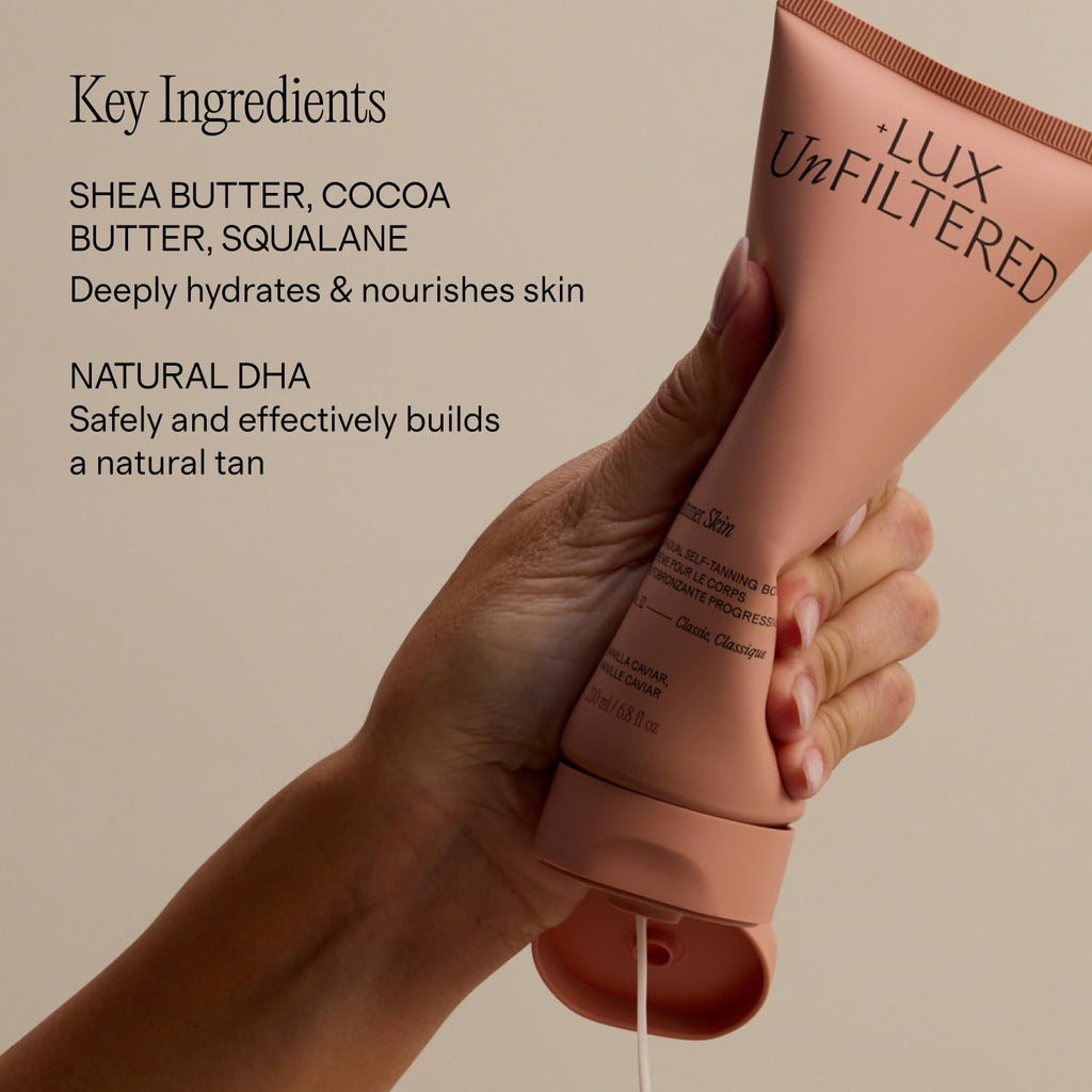 Lux Unfiltered N°32 Summer Skin Gradual Self Tanner, Hydrating Self Tanning Lotion with Shea Butter & Squalane - Non-Sticky, No Transfer, Natural-Looking - Vegan Sunless Tanner - Vanilla Caviar