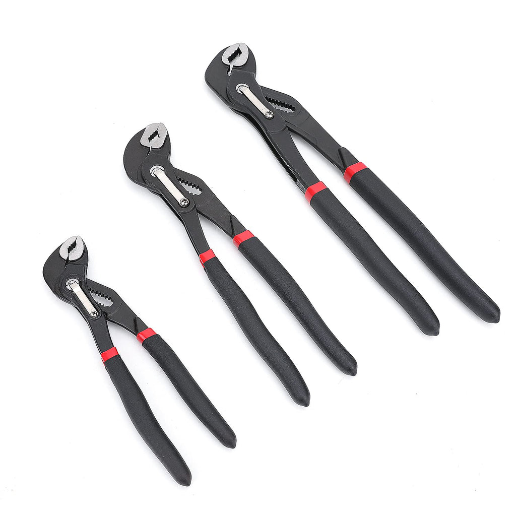 Amazon Basics 3-Piece Quick Release Groove Joint Pliers Set, Drop Forged Chrome Vanadium Steel with Comfortable Rubber Grip, Adjustable, 7-inch, 10-inch, and 12-inch, Black
