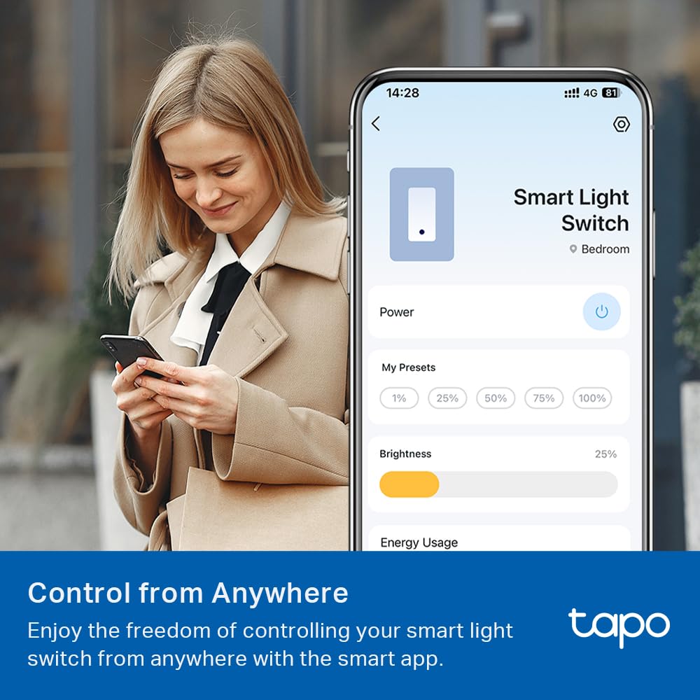 TP-Link Tapo Smart Switch, Single-Pole/3-Way/4-Way, Matter Compatible, Energy Monitoring, Neutral Wire Required, Works with Alexa, Siri, Google Home, SmartThings, UL Certified, 2.4GHZ Wi-Fi, Tapo S515