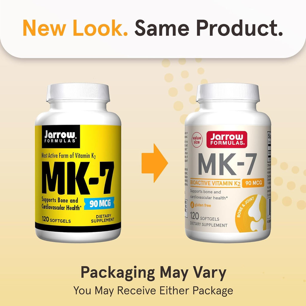 Jarrow Formulas MK-7 90 mcg - Bioactive Form of Vitamin K2-120 Servings (Softgels) - for Bone & Cardiovascular Health - Vitamin K2 MK-7 Dietary Supplement - Gluten Free (Pack of 2)
