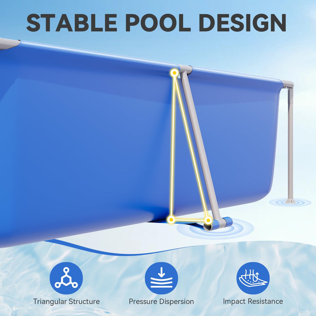 SunSwell Metal Frame Swimming Pool for Family, Rectangle Above Ground Pool for Outdoor, Easy Setup for Backyard, Garden, Camping - Durable PVC