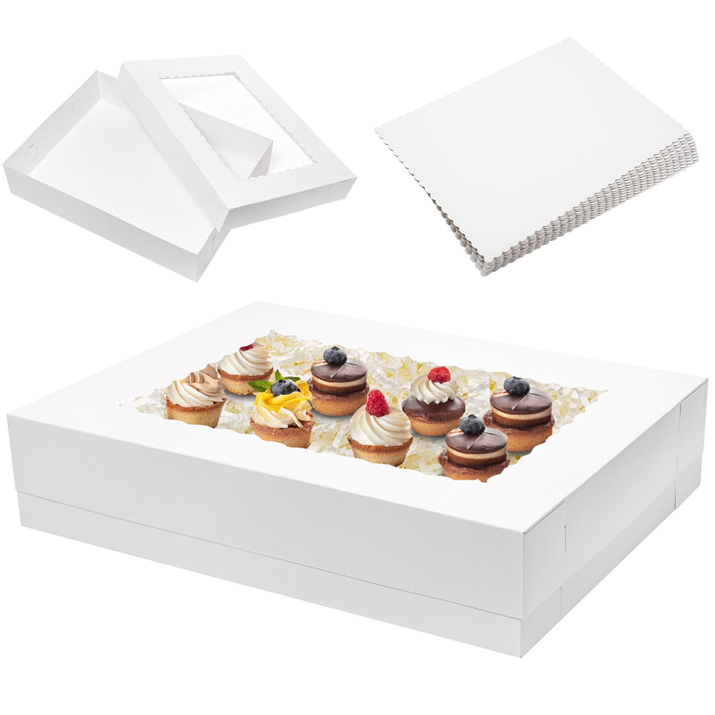 Mefleet 6pcs 19x14x4 Half Sheet Cake Boxes with 6pcs Cake Boards Rectangle 1/2 Sheet Bakery Boxes with Window for Pastry Baking Cake, Cupcakes, Donuts, Cookies, Pie Treat Packaging White Large