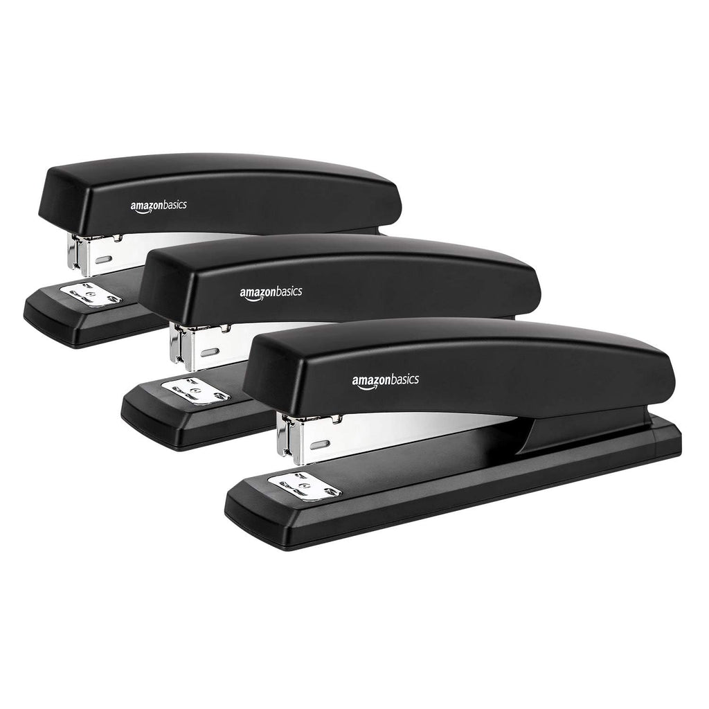 Amazon Basics Desktop Office Stapler, Lightweight, 25 Sheet Capacity, Non-Slip, Black, 3-Pack with 1000 Staples