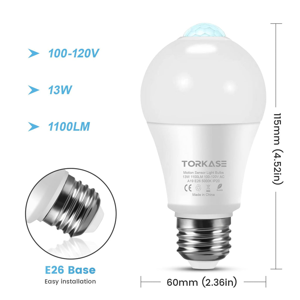 Torkase Motion Sensor Light Bulbs, E26 Dusk to Dawn Activated Security