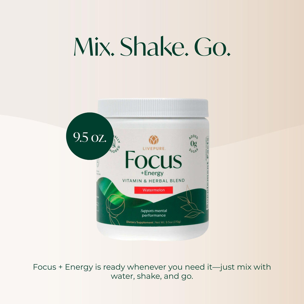 PURE Focus + Energy Tub Drink Mix | Natural Caffeine & Antioxidants from Botanicals | Supports Alertness, Clarity & Energy | Zero Sugar, No Artificial Sweeteners | 9.5 oz | Watermelon Flavor