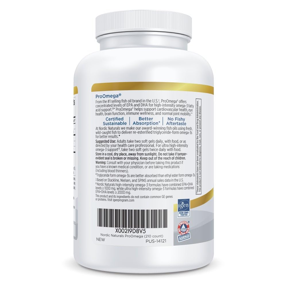 Nordic Naturals ProOmega, Lemon Flavor - 210 Soft Gels - 1000 mg Omega-3 - High-Potency Fish Oil with EPA & DHA - Promotes Brain, Eye, Heart, & Immune Health - Non-GMO - 105 Servings