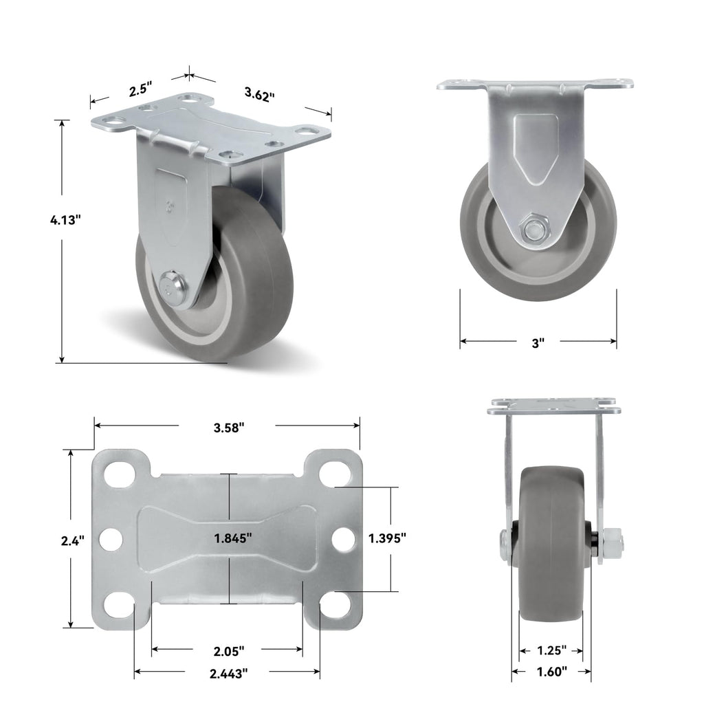 NINOSO 3" Heavy Duty Casters, Swivel Caster Wheels with Brakes, Plate Casters with Rubber Wheel for Furniture Platform Truck Dolly Cart, Set of 4 (2 Brakes & 2 Rigid)