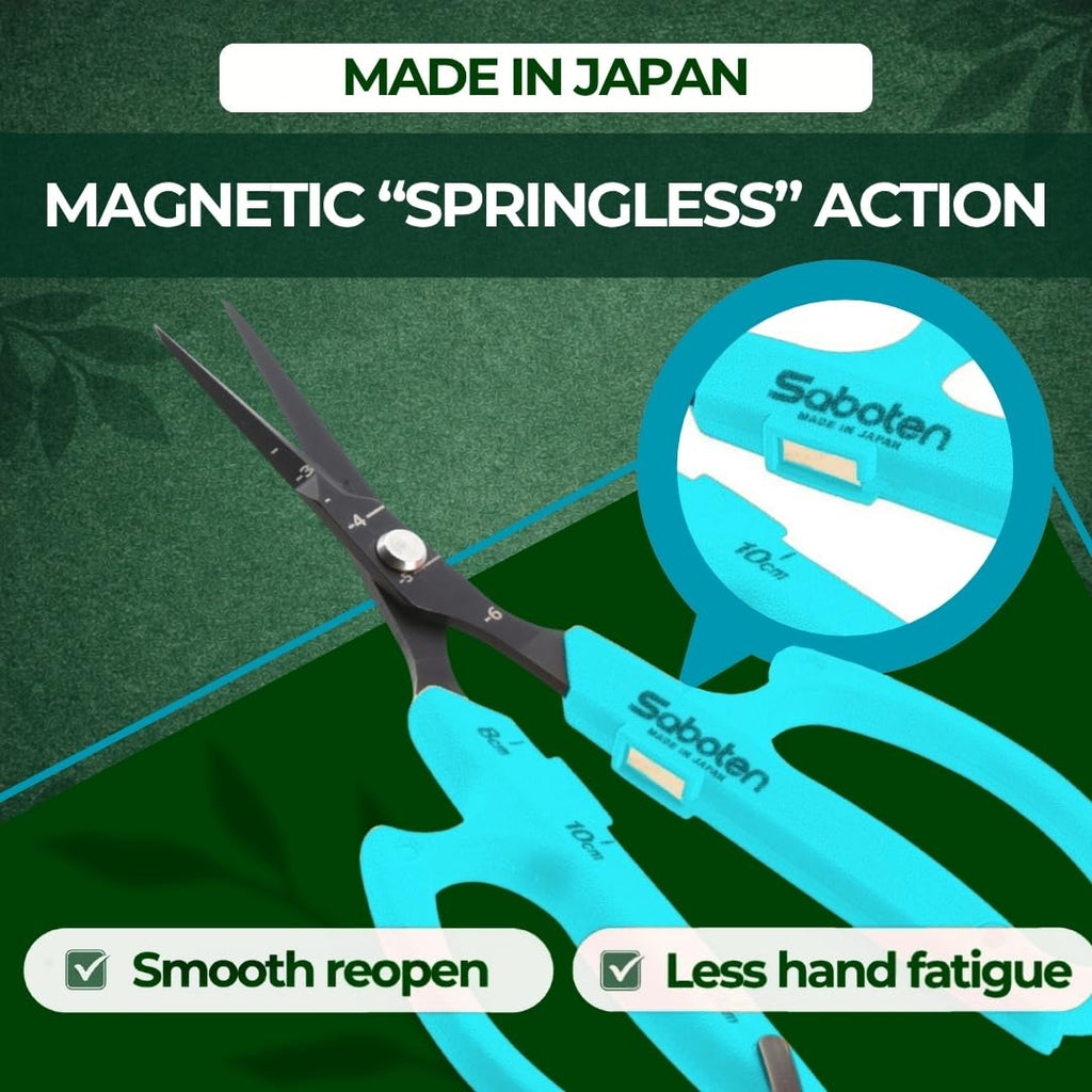 Saboten Japanese Harvesting Shears, Magnetic Springless, Fine-Tip Angled Blade, Fluorine-Coated Steel, Non-Slip Grip, Safety Lock, Made in Japan (Turquoise)