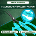 Saboten Japanese Harvesting Shears, Magnetic Springless, Fine-Tip Angled Blade, Fluorine-Coated Steel, Non-Slip Grip, Safety Lock, Made in Japan (Turquoise)