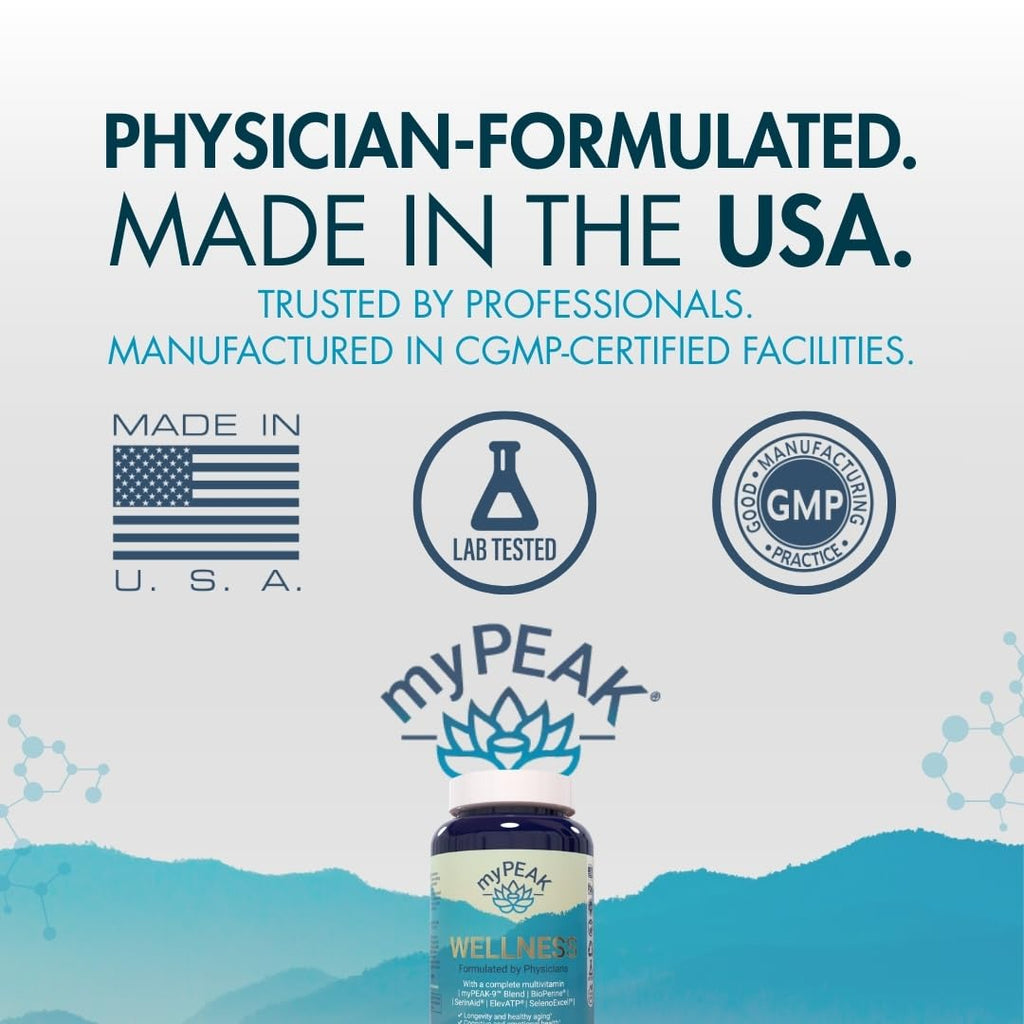 myPEAK Wellness Award-Winning Vegan Multivitamin with ElevATP Ancient Peat Extract, Natural Astaxanthin, Iron, Resveratrol and Alpha GPC, Immunity Booster, All-in-One for Men and Women, 90 Count