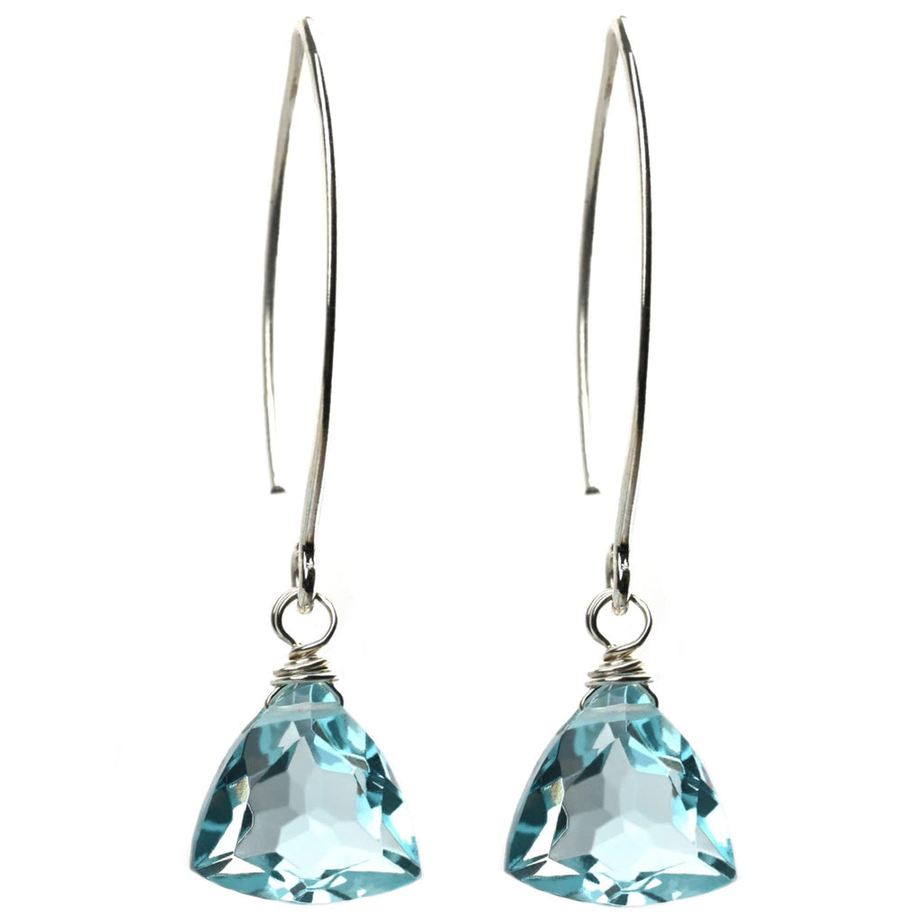 Handmade Dangle Earrings for Women - Aquamarine Blue Quartz Sterling Silver in Gift Box - Sparkly Blue Quartz Trillion - Lightweight Dangling - Trendy Long Dangly Drop Handcrafted