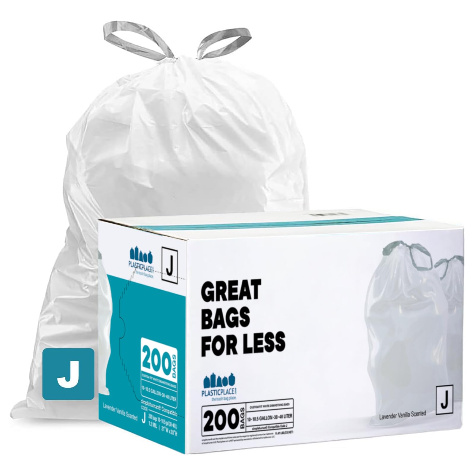 Plasticplace White Drawstring Lavender and Soft Vanilla Scented Garbage Can Liners, Compatible with Code J (200 Count) 10-10.5 Gallon / 38-40 Liter, 21" x 28 "