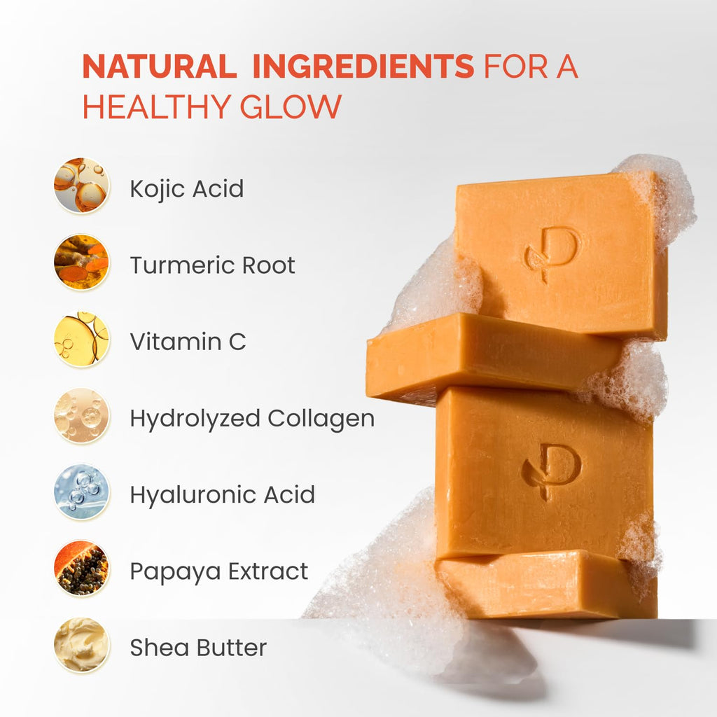 PLANTIFIQUE Kojic Acid Soap for Hyperpigmentation 4 Bars with Mesh Bag - Turmenic Soap with Hyaluronic Acid, Collagen, Vitamin C for Dark Spots - Vegan Skincare, 320g / 11.28 oz