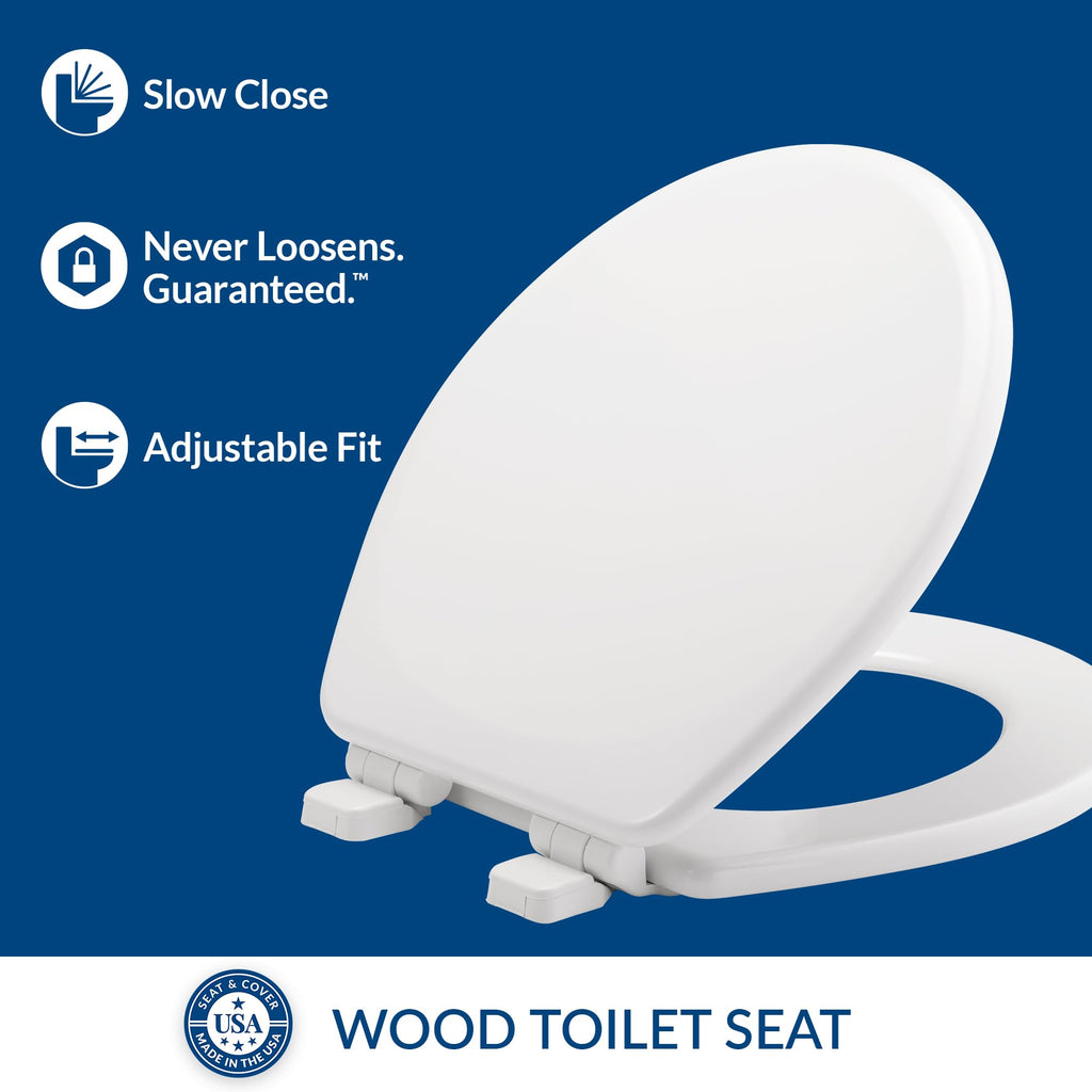 Mayfair Linden Slow Close Toilet Seat, Non Slip Heavy Duty Wood, Easy Install, Made in USA, Round, White, 4 Pack