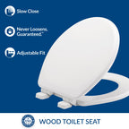 Mayfair Linden Slow Close Toilet Seat, Non Slip Heavy Duty Wood, Easy Install, Made in USA, Round, White, 4 Pack
