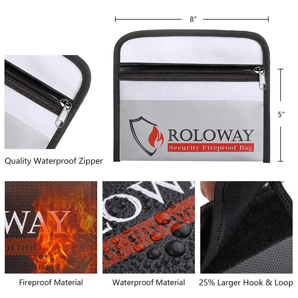 ROLOWAY Small Fireproof Bag (5 x 8 inches), Non-itchy Fireproof Money Bag for Cash, Valuables, Passport, Currency & Keys (2-Pack)